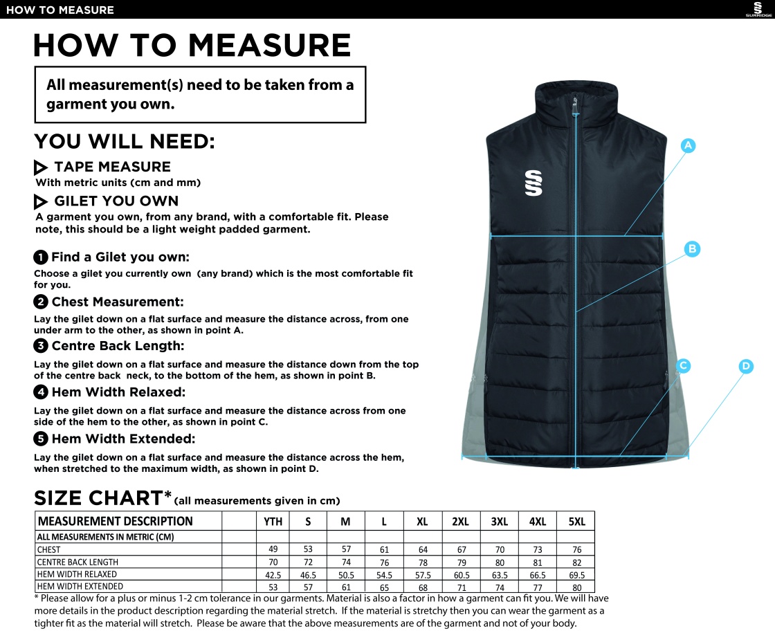 South Nutfield CC - Active Gilet - Unisex Fit - Size Guide