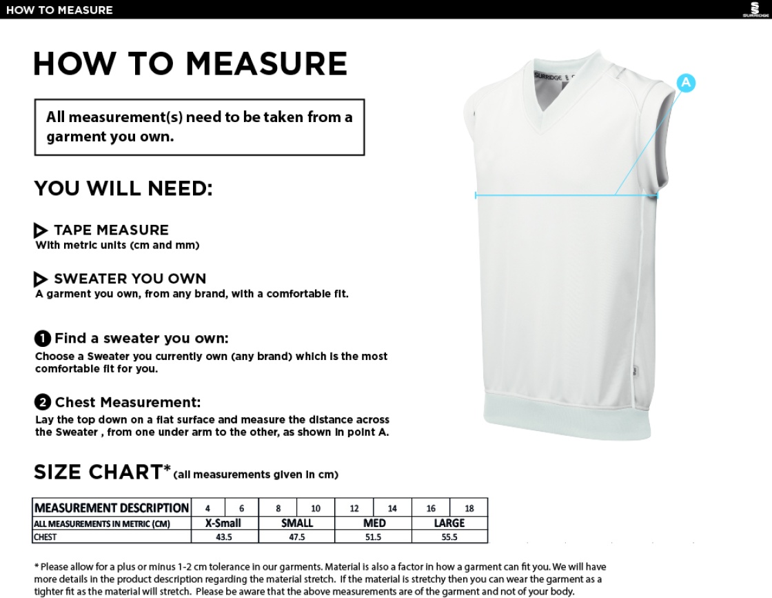 South Nutfield CC Juniors - Blast Sleeveless Cricket Sweater - Girls Fit - Size Guide