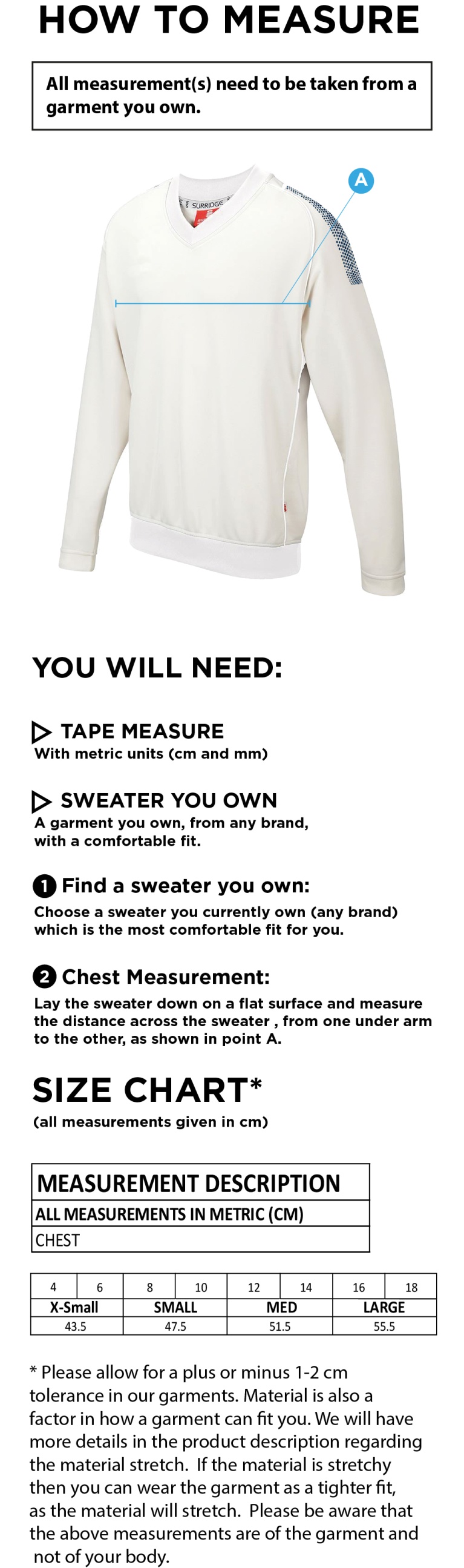 South Nutfield CC - Blast Long Sleeve Cricket Sweater - Women's Fit - Size Guide