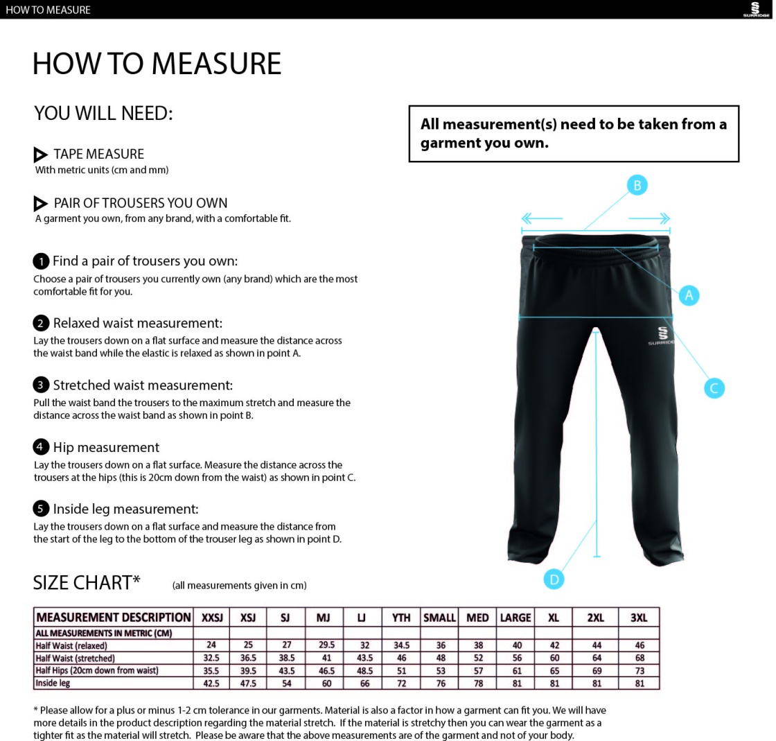South Nutfield CC - Dual Poplin Track Pant - Unisex Fit - Size Guide