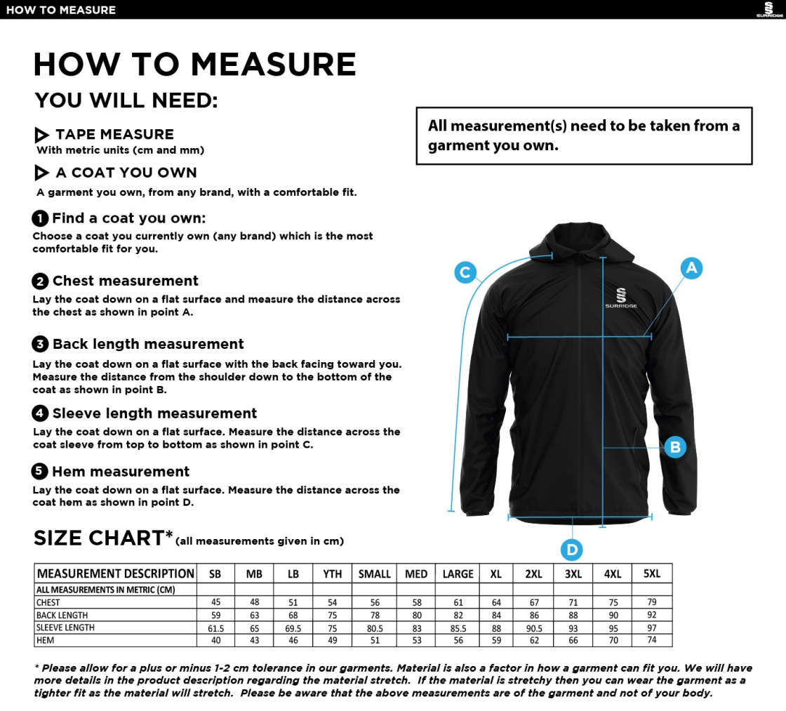 South Nutfield CC - Dual Full Zip Training Jacket - Unisex Fit - Size Guide