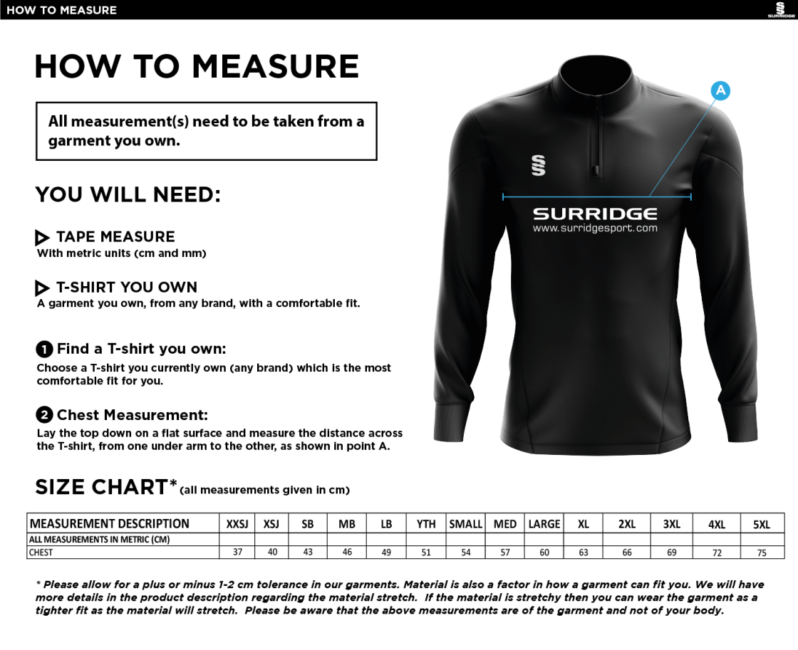 South Nutfield CC - Fuse Performance Top - Unisex Fit - Size Guide