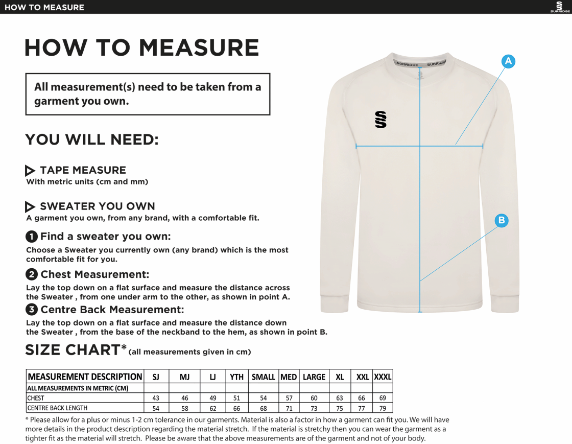 South Nutfield CC Juniors - Blast Long Sleeve Cricket Sweater - Boys/Unisex Fit - Size Guide