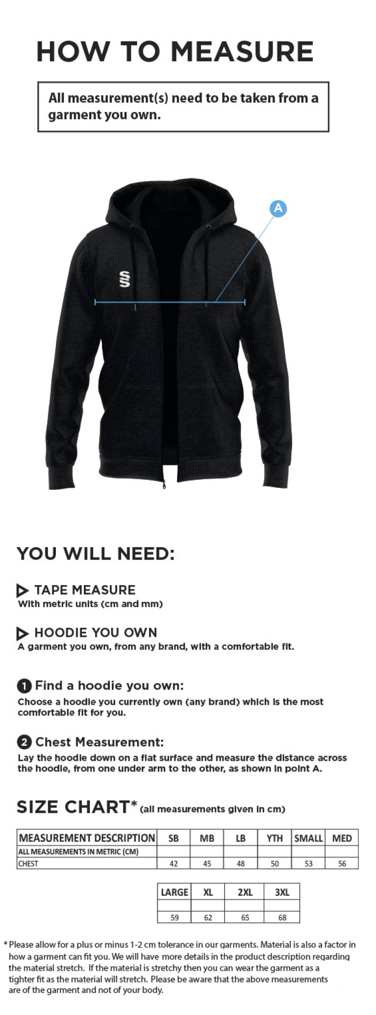 South Nutfield CC - Dual Full Zip Hoody - Unisex Fit - Size Guide