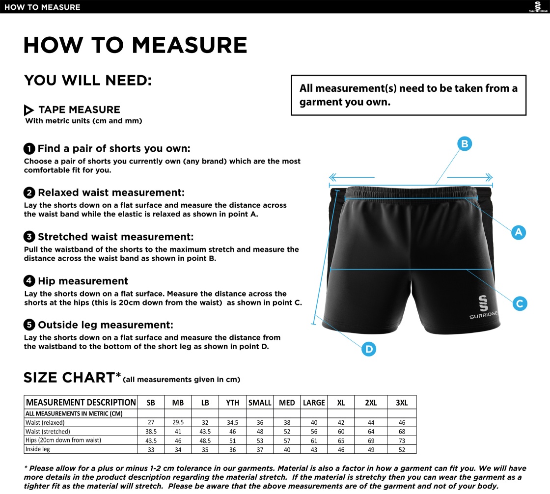 South Nutfield CC - Performance Gym Short - Unisex Fit - Size Guide