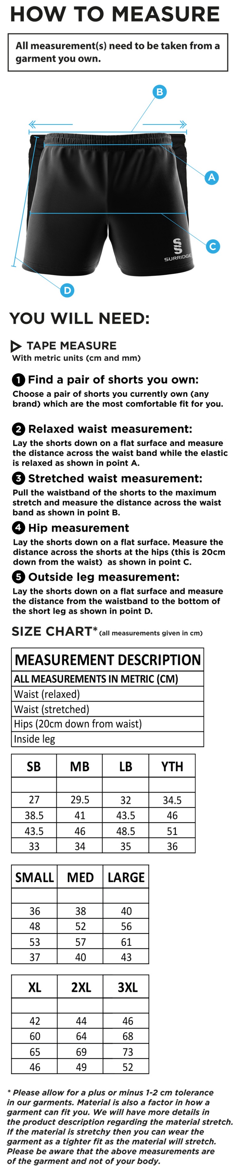 South Nutfield CC - Performance Gym Short - Unisex Fit - Size Guide