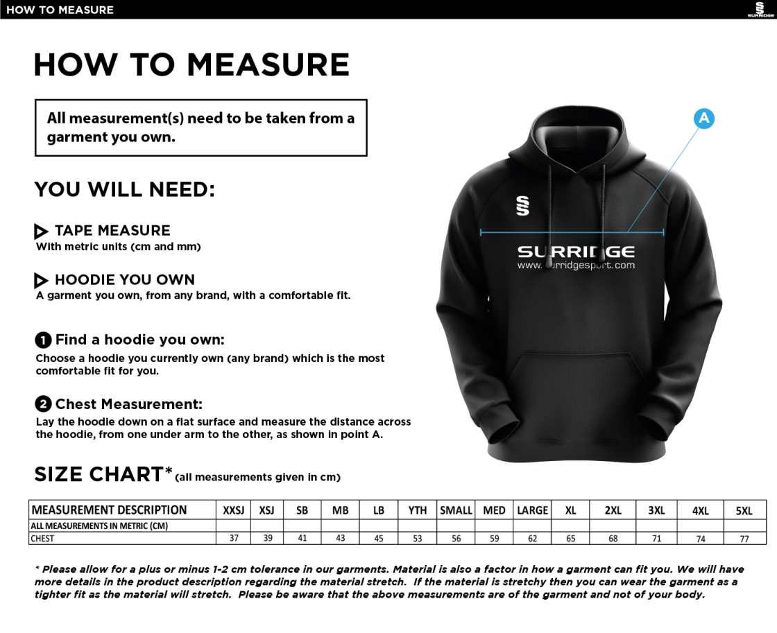 South Nutfield CC - Fuse Hoody - Unisex Fit - Size Guide