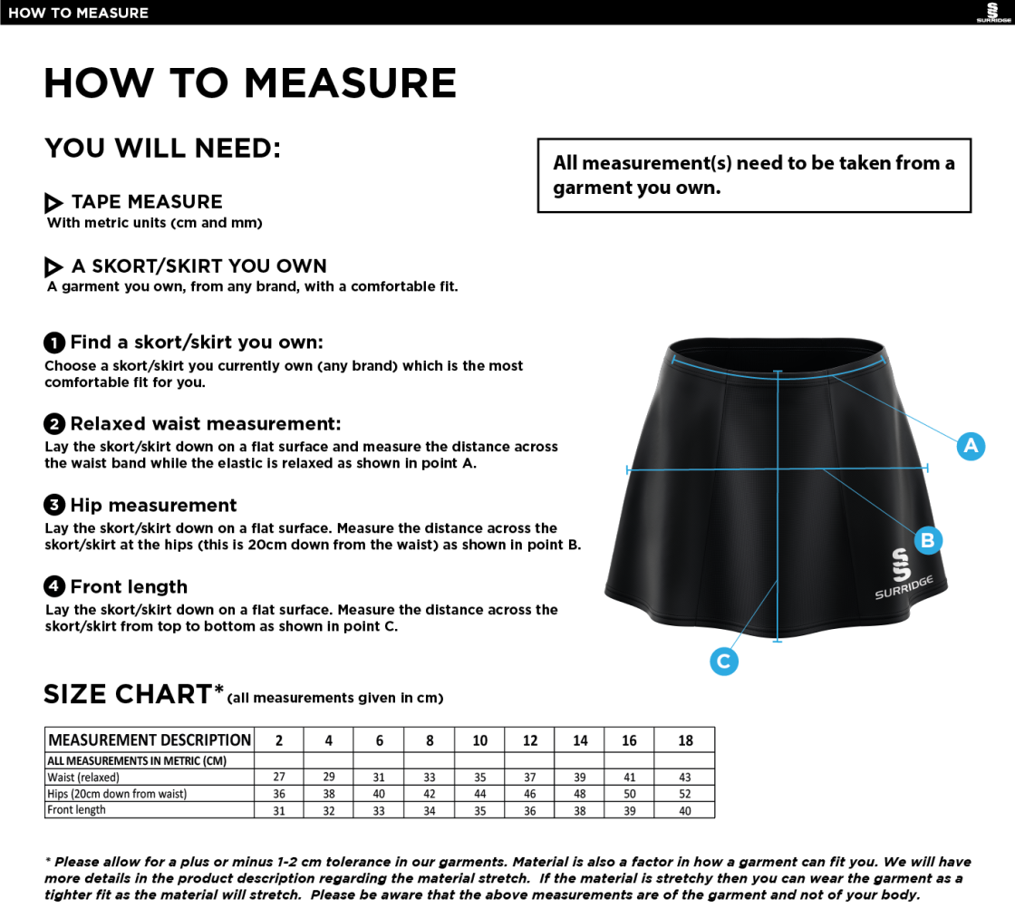 South Nutfield CC - Blade Training Skort - Women's Fit - Size Guide