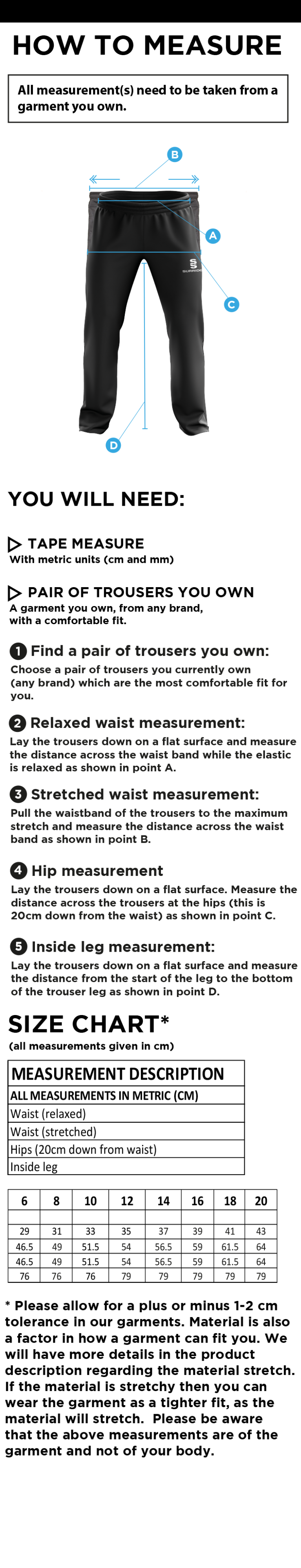 South Nutfield CC - Dual Poplin Track Pant - Women's Fit - Size Guide