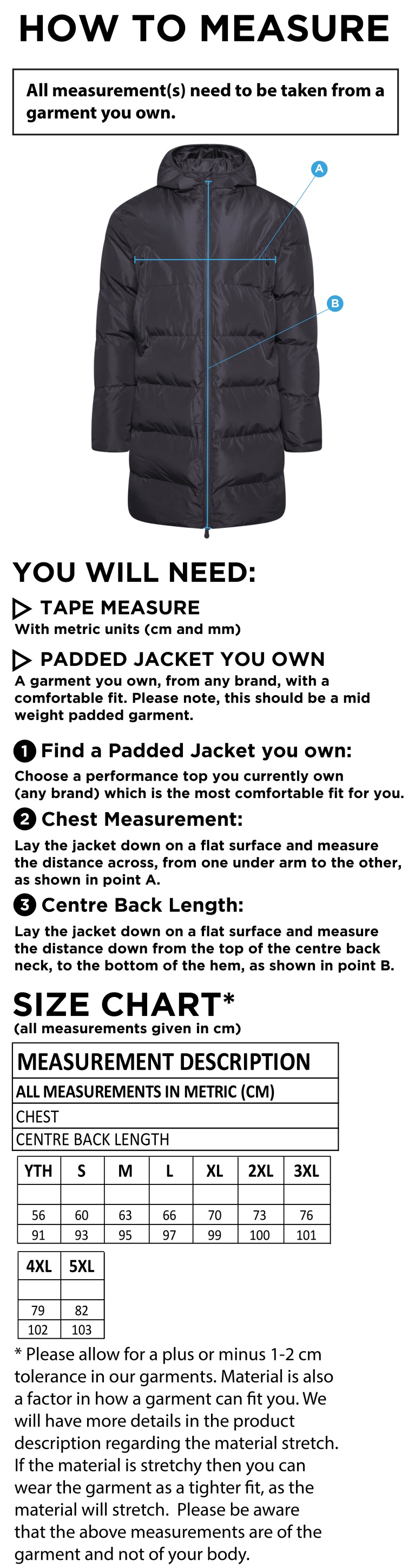 South Nutfield CC - Active Long Padded Jacket - Unisex Fit - Size Guide