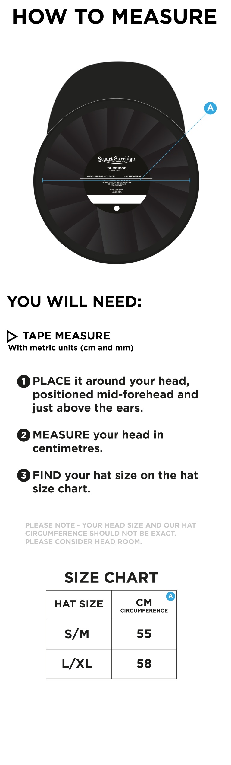 South Nutfield CC - Baggy Cricket Cap - Navy - Size Guide