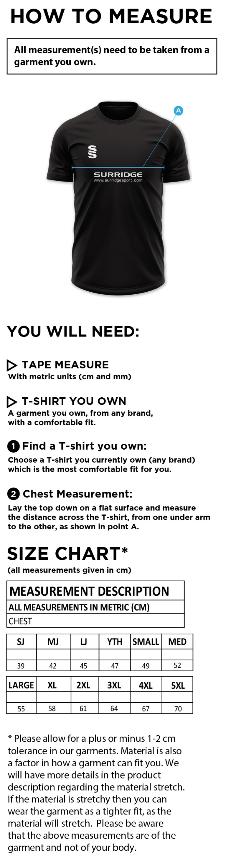 South Nutfield CC - Impact T-Shirt - Unisex Fit - Size Guide