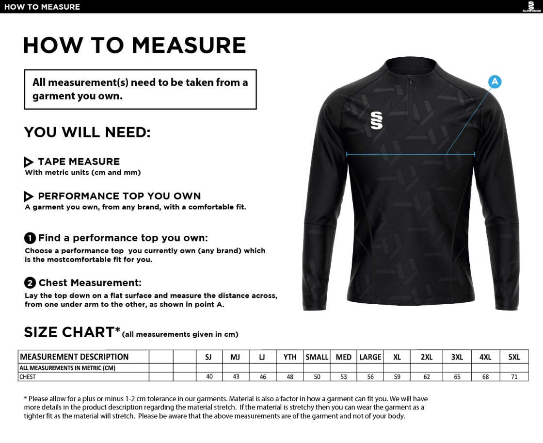 South Nutfield CC - Impact 1/4 Zip Performance Top - Unisex Fit - Size Guide
