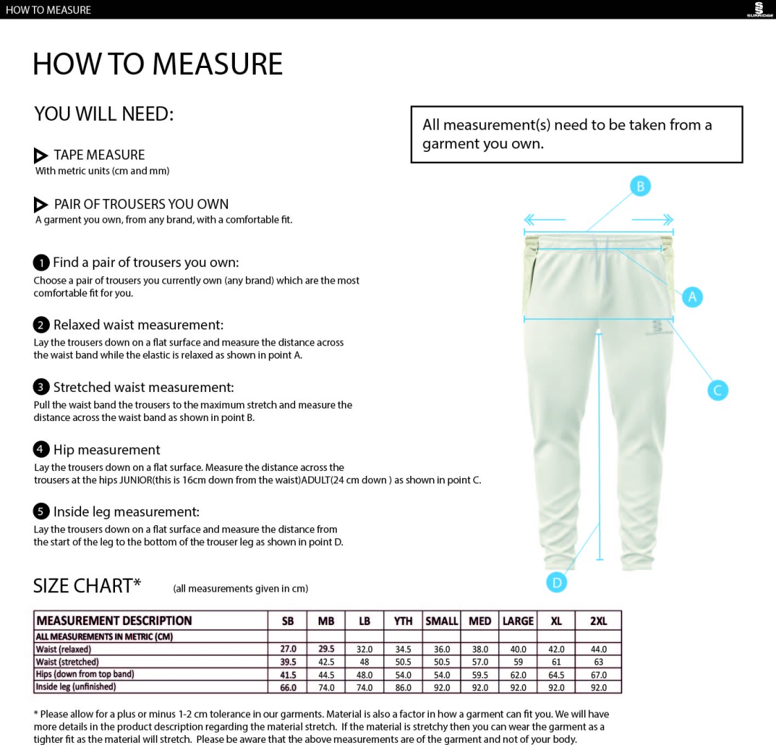 South Nutfield CC - Active Playing Pant - Unisex Fit - Size Guide
