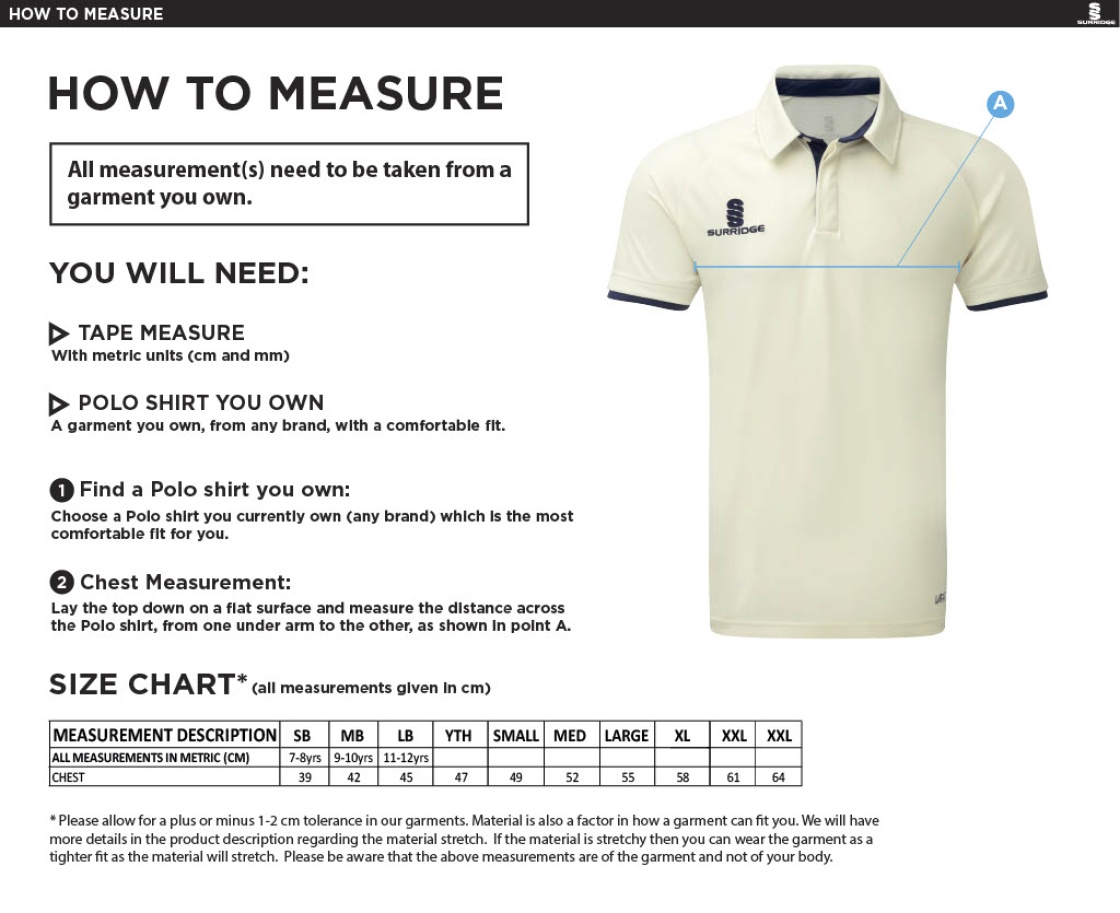 South Nutfield CC - Fuse Short Sleeve Cricket Shirt - Unisex Fit - Size Guide