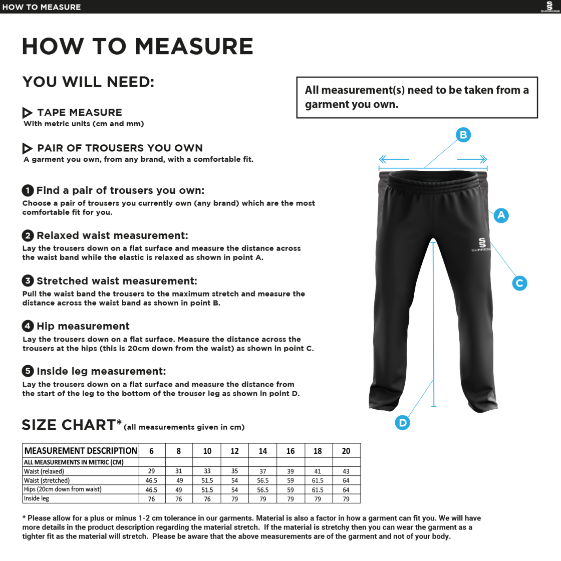 South Nutfield CC - Dual Poplin Track Pant - Women's Fit - Size Guide