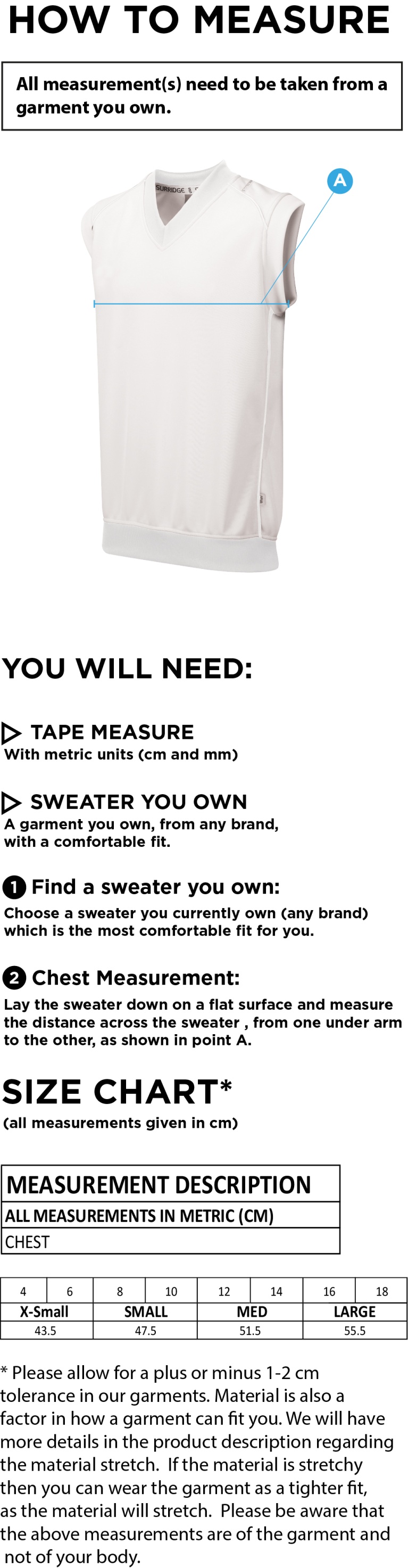 Blast Sleeveless Cricket Sweater - Girls Fit - Size Guide