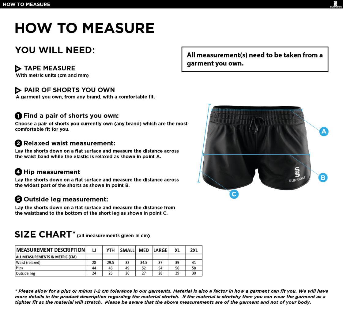 South Nutfield CC - Women's / Girl's fit Dual Active Short - Size Guide