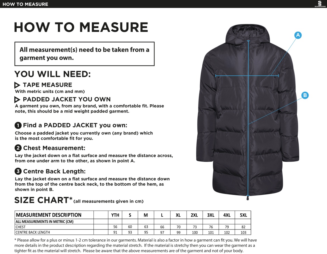 South Nutfield CC - Active Long Padded Jacket - Unisex Fit - Size Guide