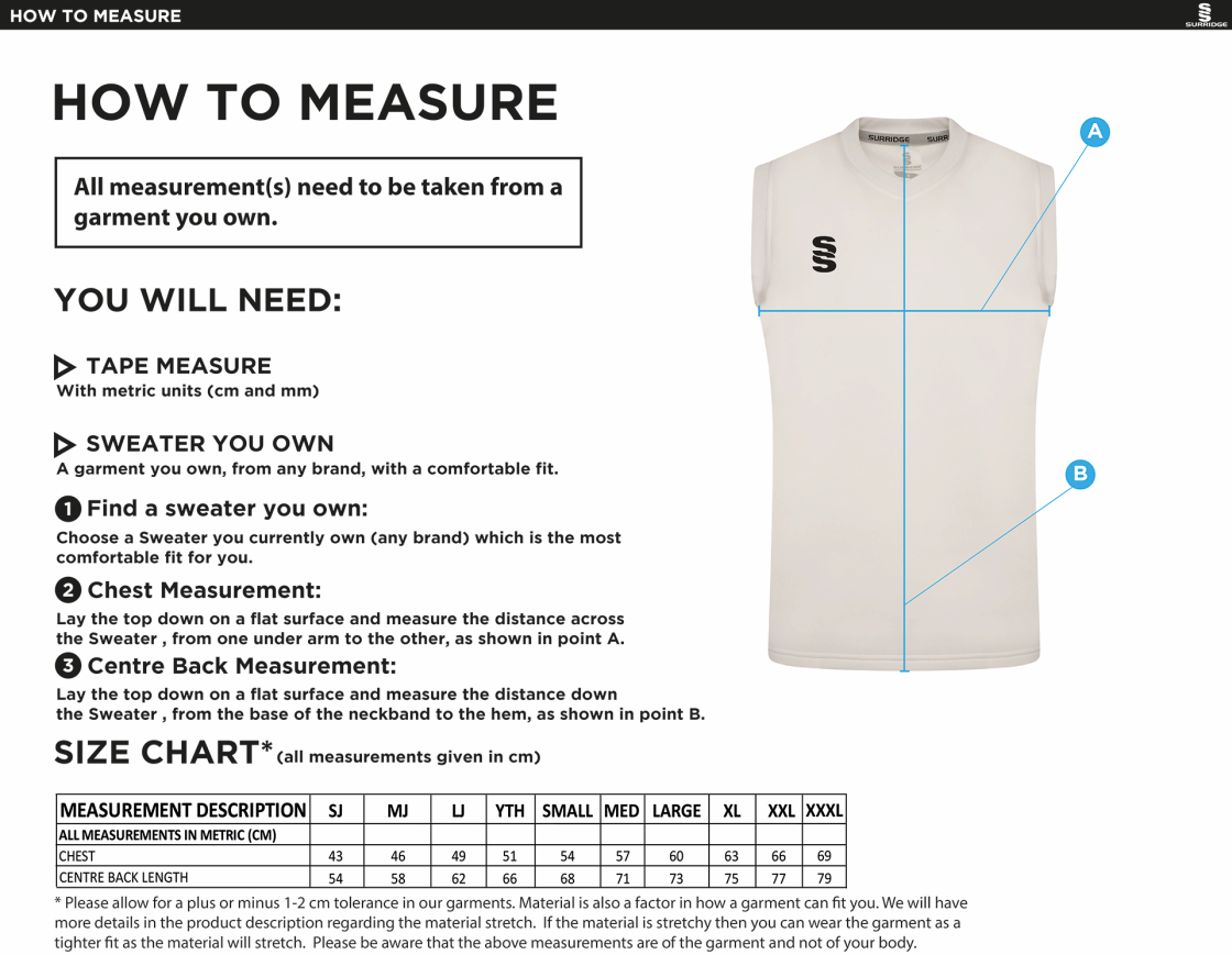 South Nutfield CC Juniors - Blast Sleeveless Cricket Sweater - Boys/Unisex Fit - Size Guide