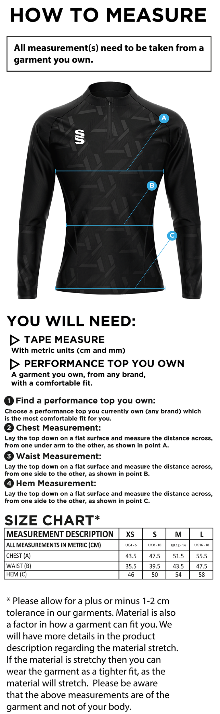South Nutfield CC - Impact 1/4 Zip Performance Top - Women's Fit - Size Guide
