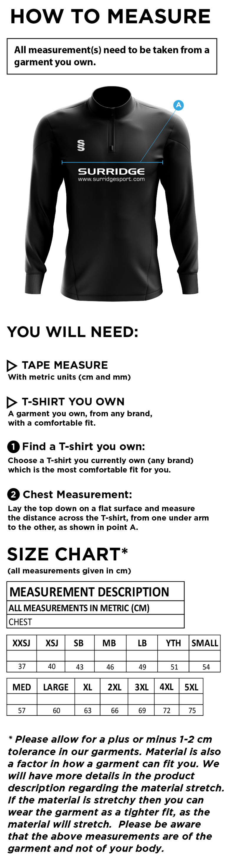 South Nutfield CC - Fuse Performance Top - Unisex Fit - Size Guide