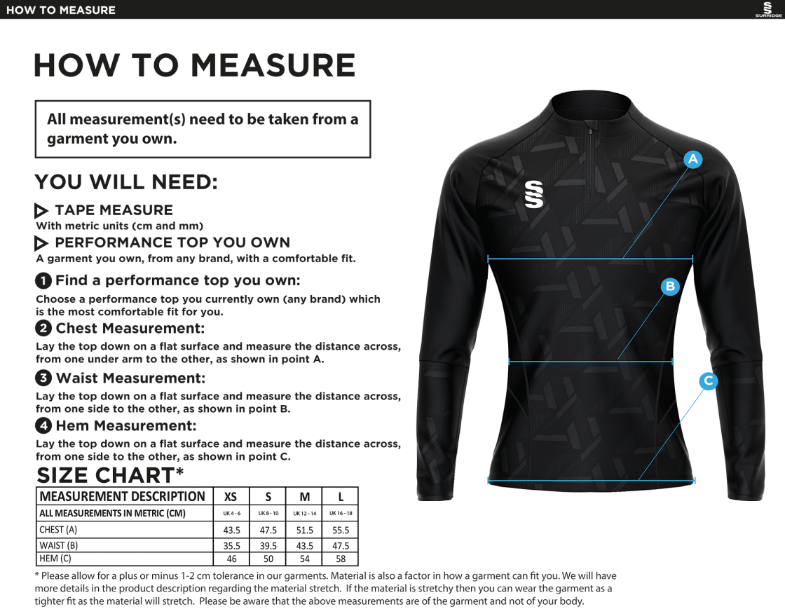 South Nutfield CC - Impact 1/4 Zip Performance Top - Women's Fit - Size Guide
