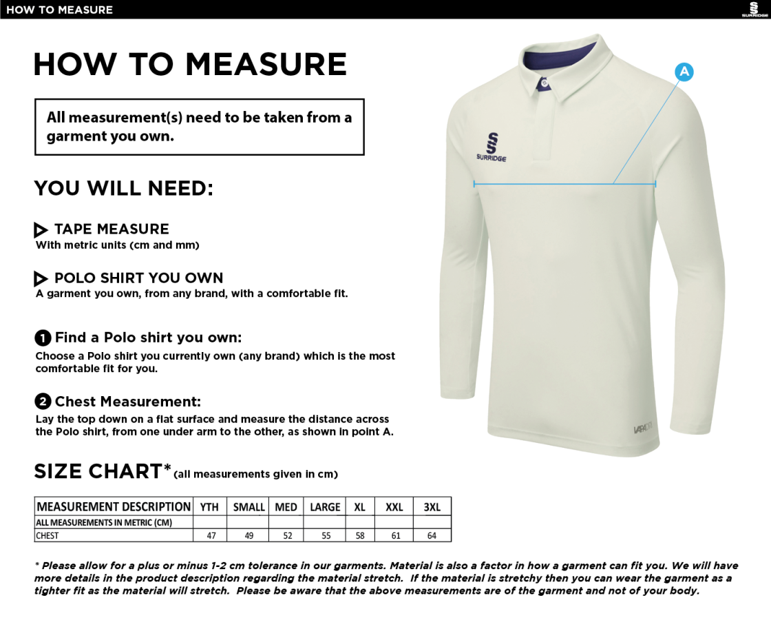 South Nutfield CC - Fuse Long Sleeve Cricket Shirt - Unisex Fit - Size Guide