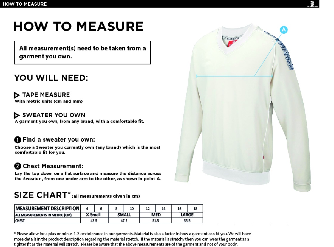 South Nutfield CC - Blast Long Sleeve Cricket Sweater - Women's Fit - Size Guide
