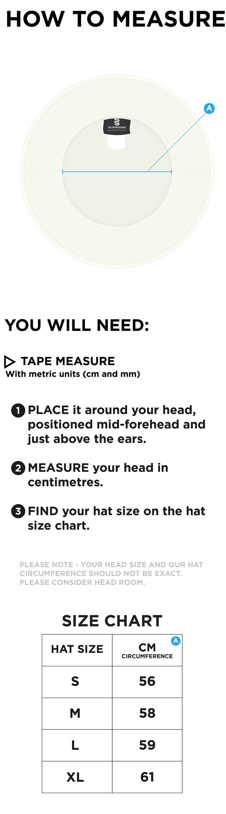 South Nutfield CC - Floppy Hat - Ivory - Size Guide