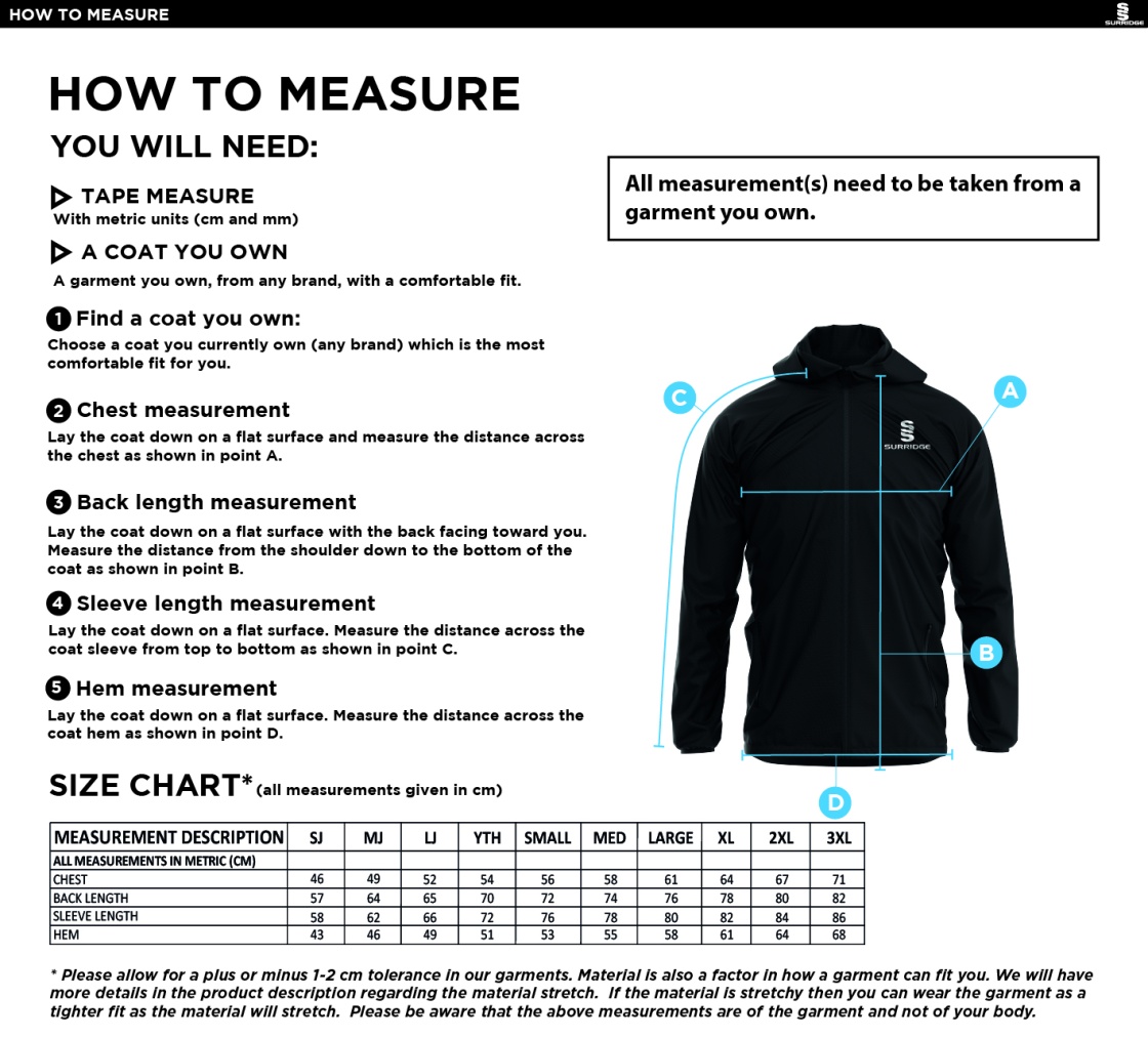 South Nutfield CC - Dual Elite 1/4 Zip Hoody / Rain Jacket - Unisex Fit - Size Guide