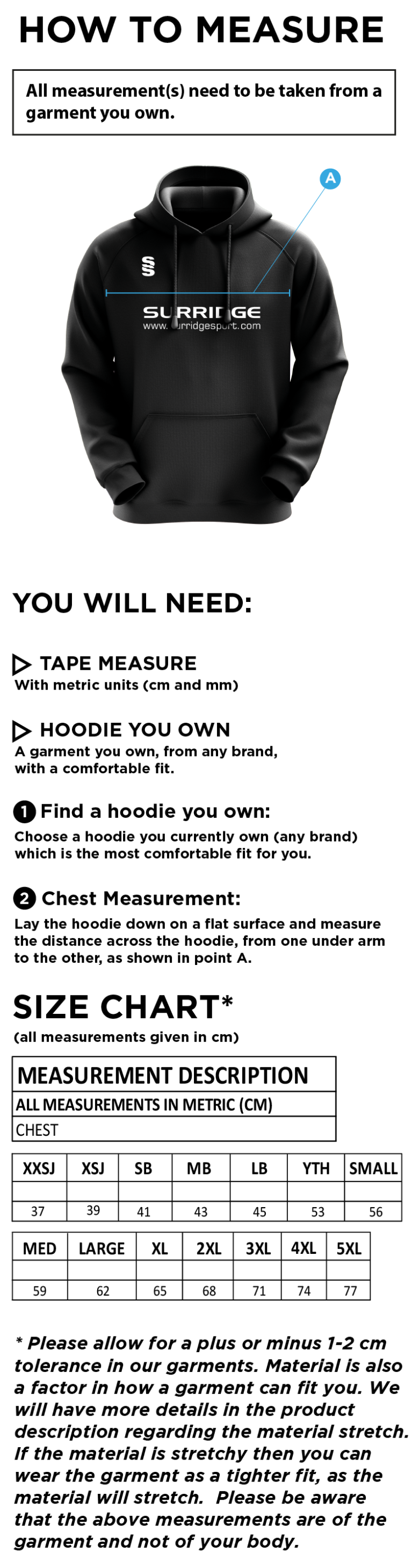 South Nutfield CC - Fuse Hoody - Unisex Fit - Size Guide