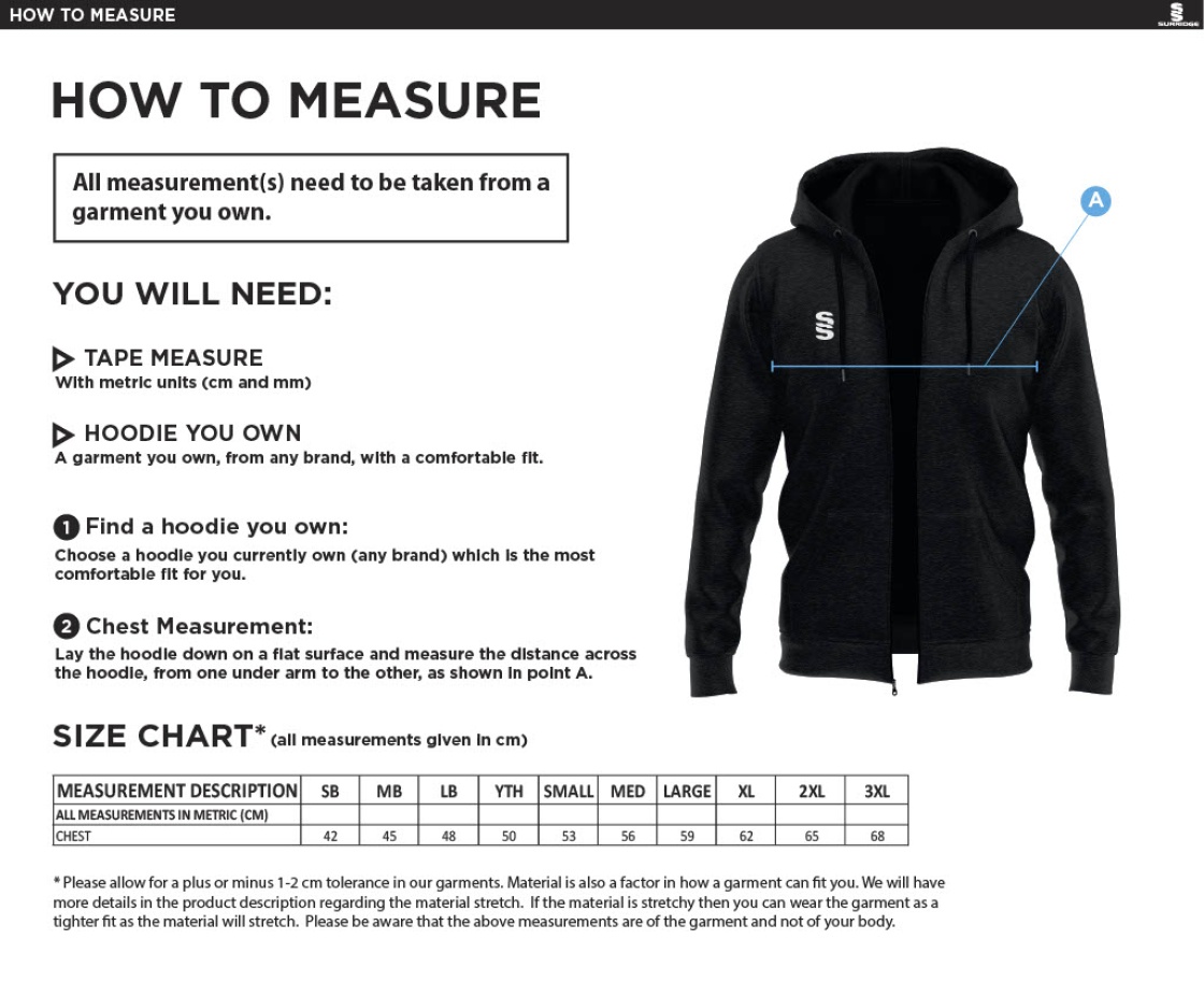 South Nutfield CC - Dual Full Zip Hoody - Unisex Fit - Size Guide